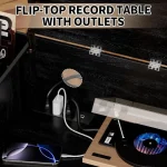 Flip-top vinyl record storage cabinet with outlets and a phone charging setup