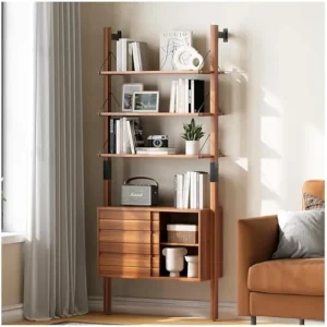 Stylish vinyl record storage cabinet with open shelves and drawers in modern living room