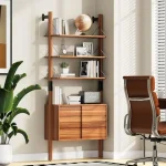Modern vinyl record storage cabinet with open shelves and drawers in stylish living room setting