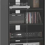 Vinyl record storage cabinet displaying records, turntable, and audio equipment.