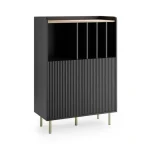 Sleek black vinyl record storage cabinet with open shelves and ribbed design