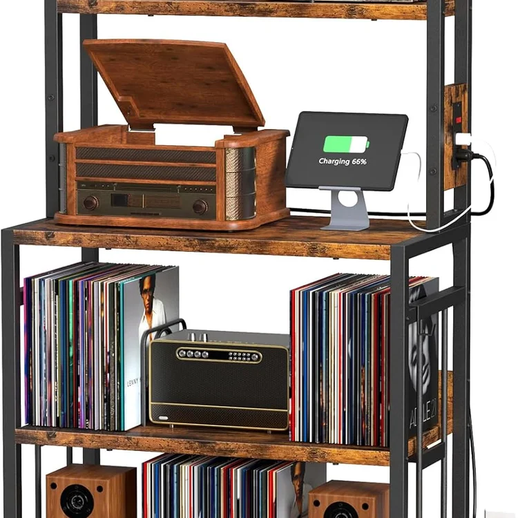 Vinyl record storage cabinet with vintage radio and charging station on display