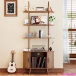 Stylish vinyl record storage cabinet with open shelves and a lower compartment