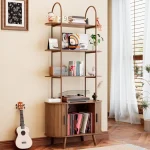 Stylish vinyl record storage cabinet with shelves and turntable in modern living room