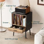 Vinyl record storage cabinet with turntable, drawer, and storage space dividers