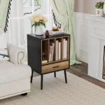 Stylish vinyl record storage cabinet with open shelves and drawer in modern living room