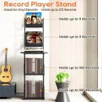 Vinyl record storage cabinet displaying records and a record player on top